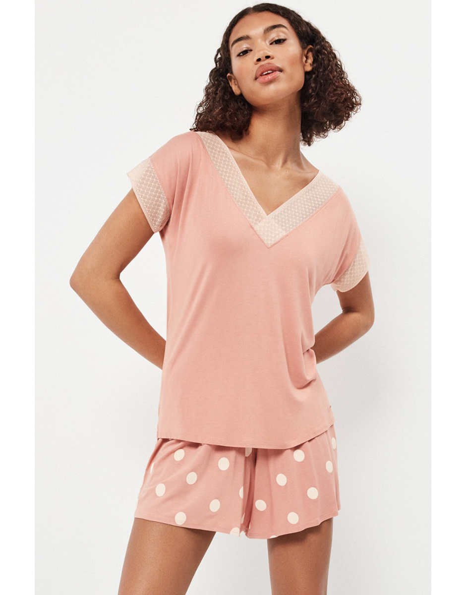 Pijama calção rosa às bolinhas