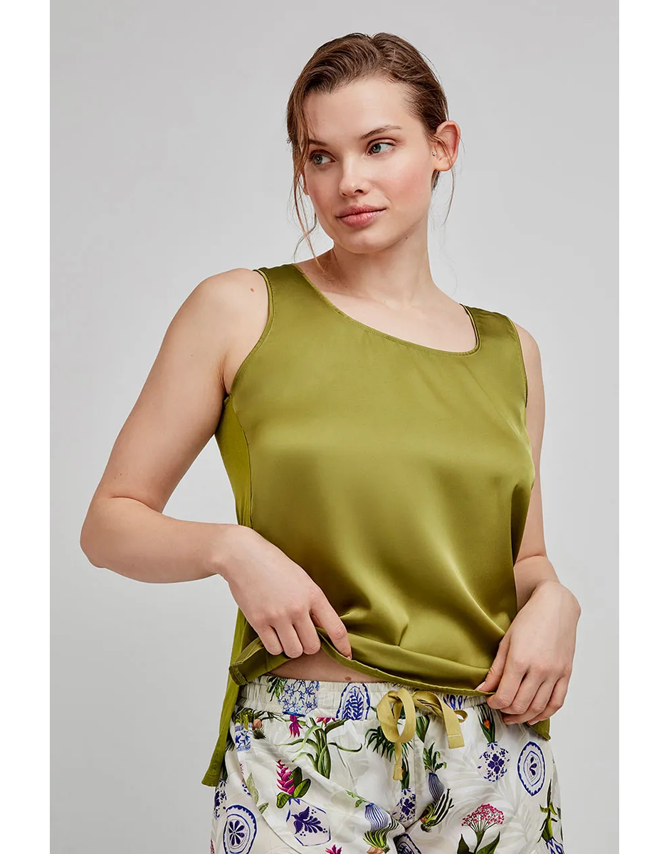 Camisola alças verde tecido acetinado