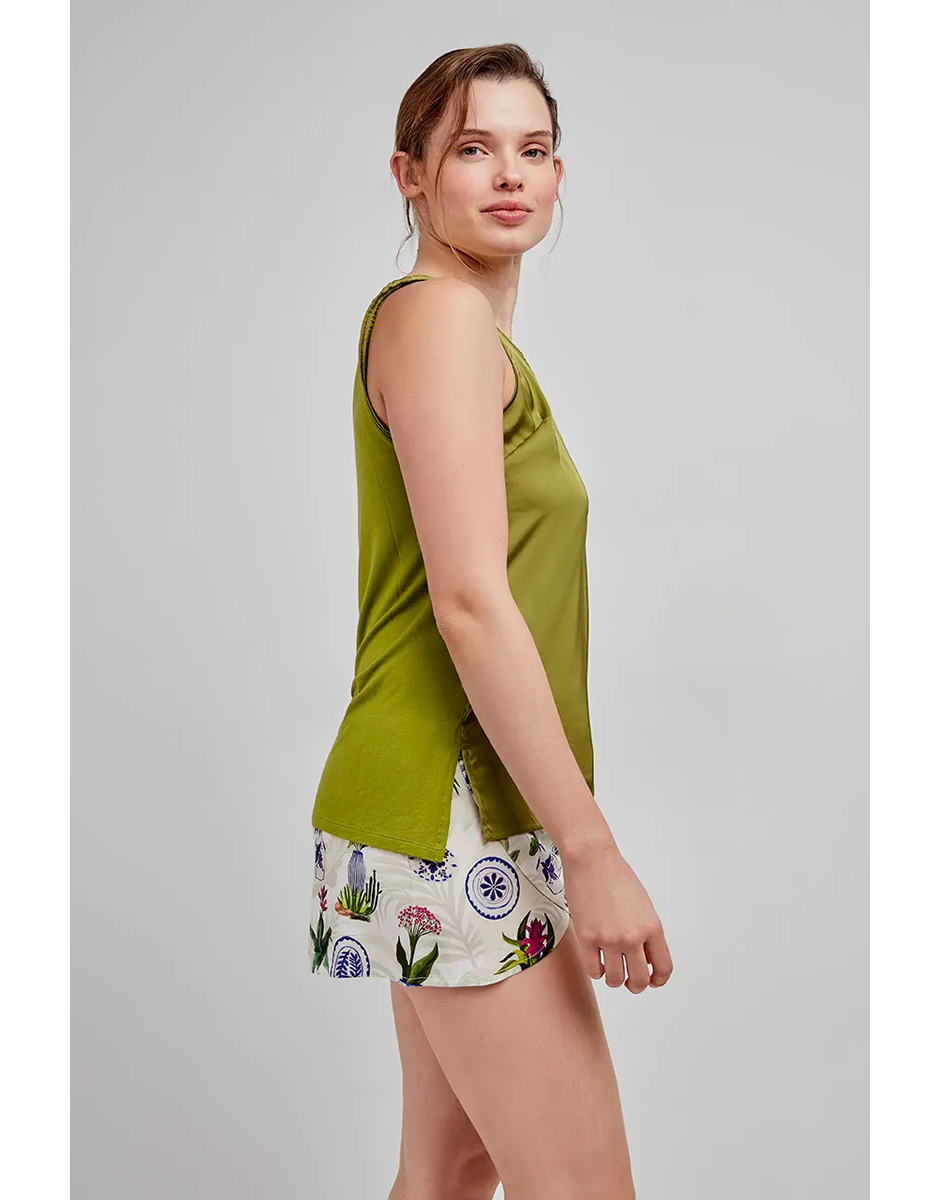 Camisola alças verde tecido acetinado
