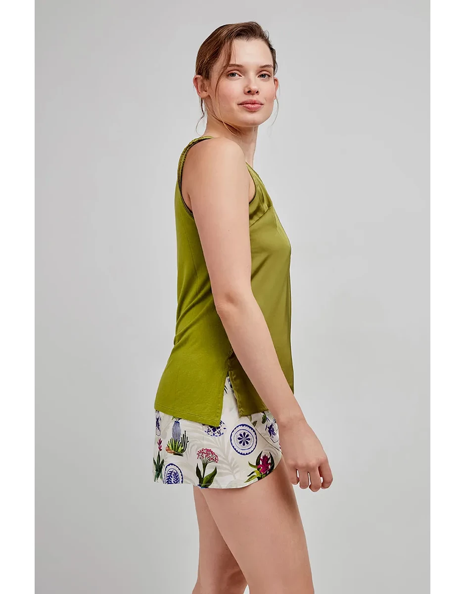 Camisola alças verde tecido acetinado