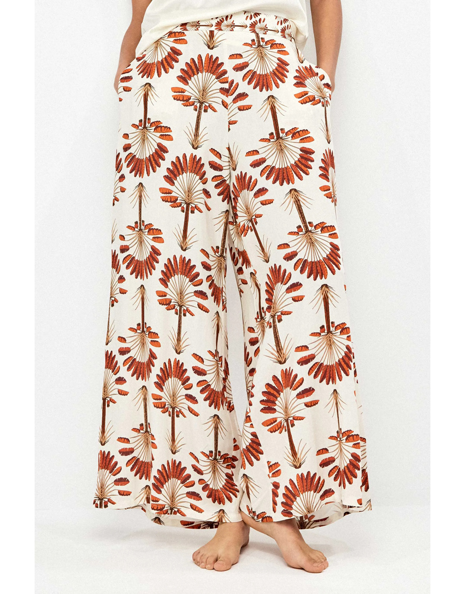 Calça larga estampado palmeiras