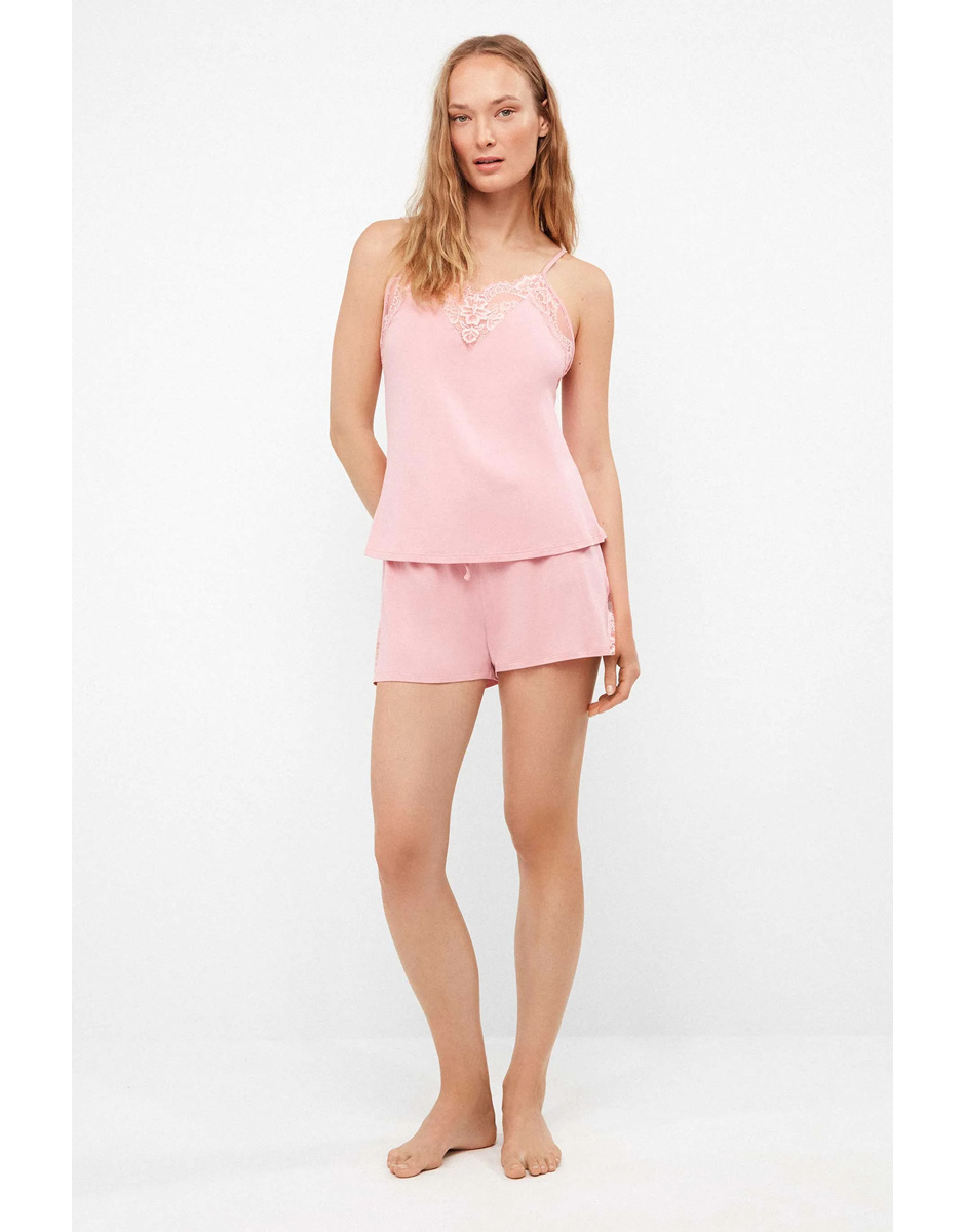 Pijama modal rosa com detalhes em renda